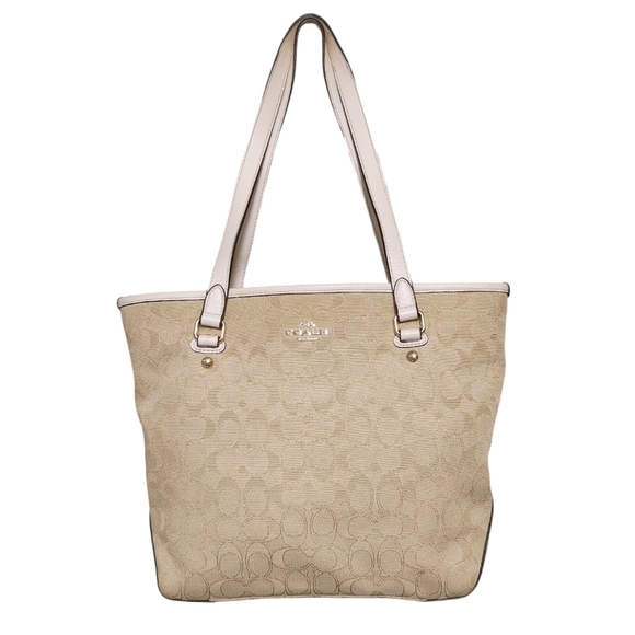 Coach Beige White Canvas Leather Medium Zip Top Tote Bag Handbag1